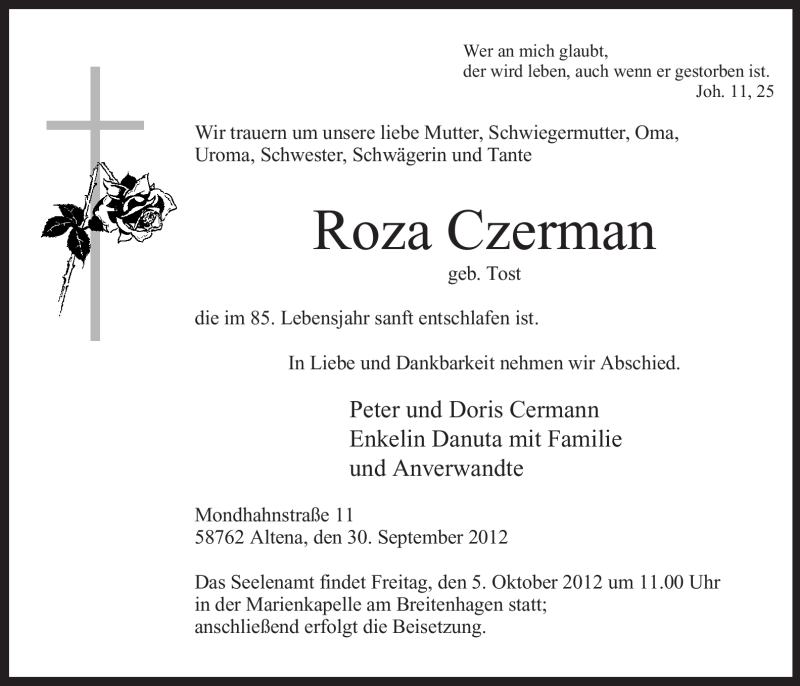  Traueranzeige für Roza Czerman vom 02.10.2012 aus MZV