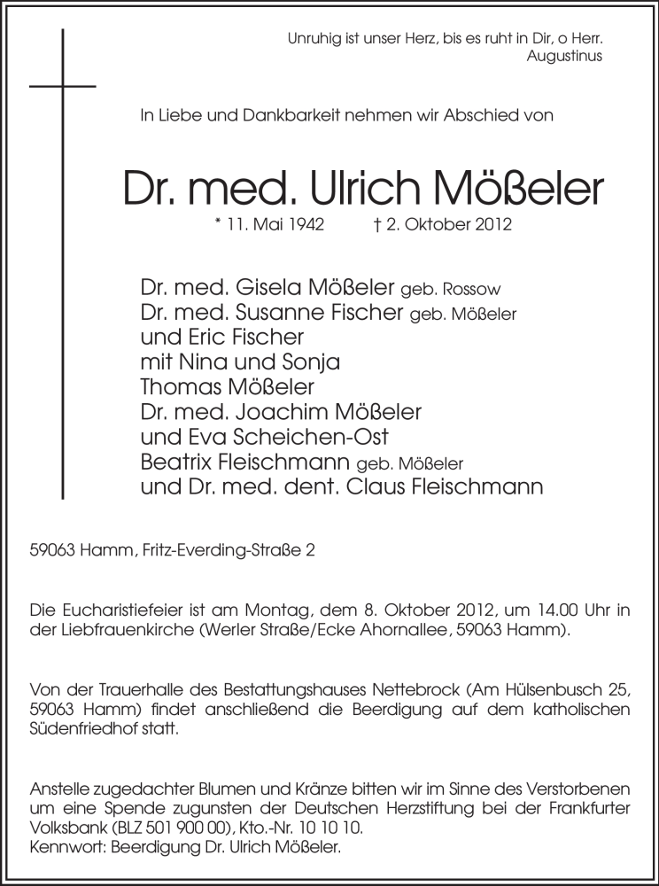 Traueranzeige für Ulrich Mößeler vom 06.10.2012 aus MZV