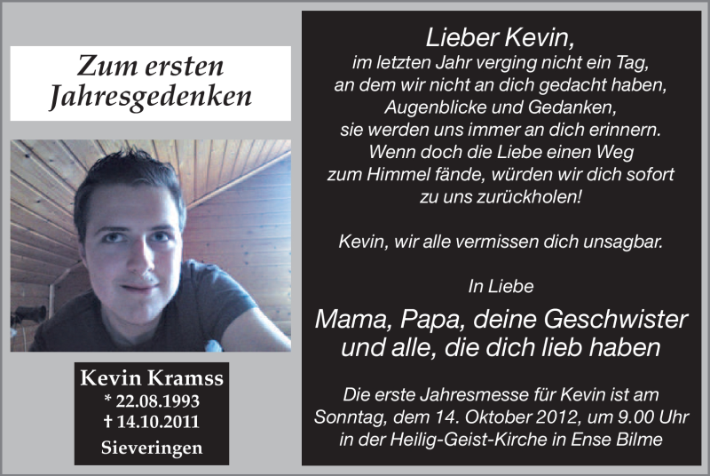  Traueranzeige für Kevin Kramss vom 12.10.2012 aus MZV