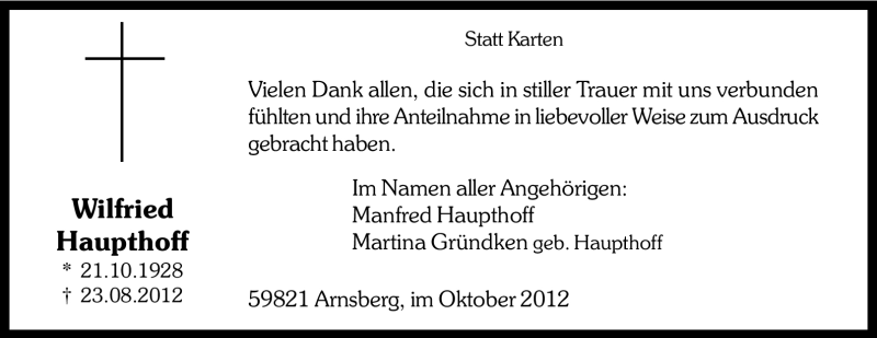  Traueranzeige für Wilfried Haupthoff vom 06.10.2012 aus MZV