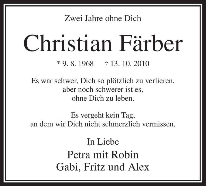  Traueranzeige für Christian Färber vom 13.10.2012 aus MZV