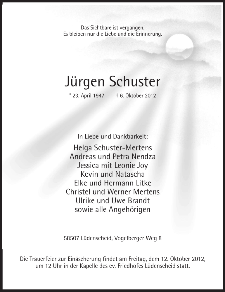  Traueranzeige für Jürgen Schuster vom 09.10.2012 aus MZV