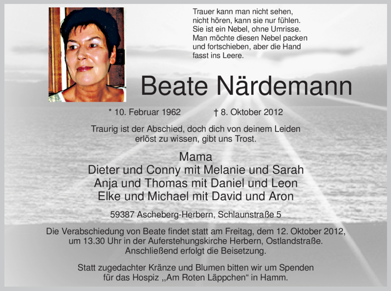  Traueranzeige für Beate Närdemann vom 10.10.2012 aus MZV