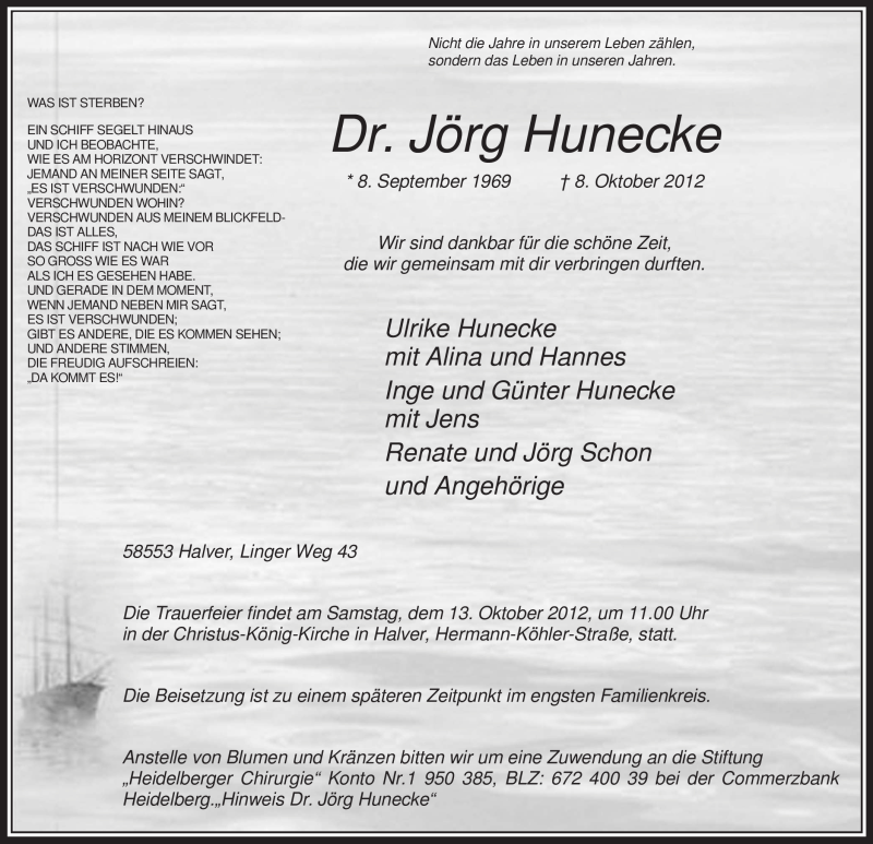  Traueranzeige für Jörg Hunecke vom 10.10.2012 aus MZV