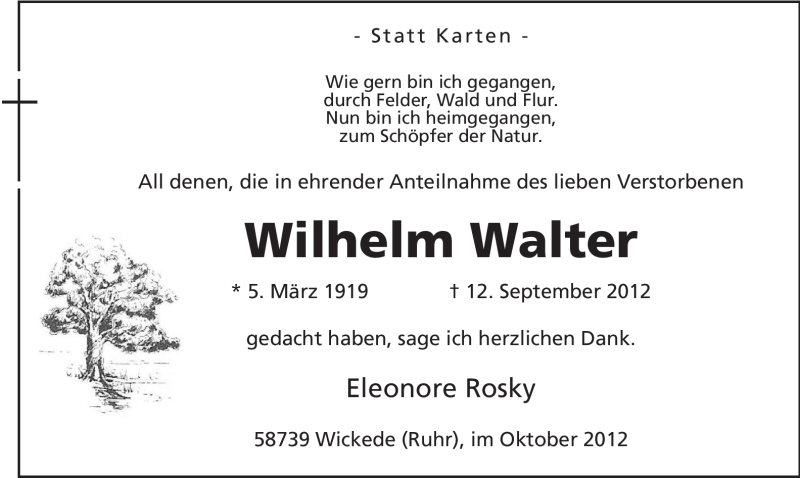  Traueranzeige für Wilhelm Walter vom 13.10.2012 aus MZV