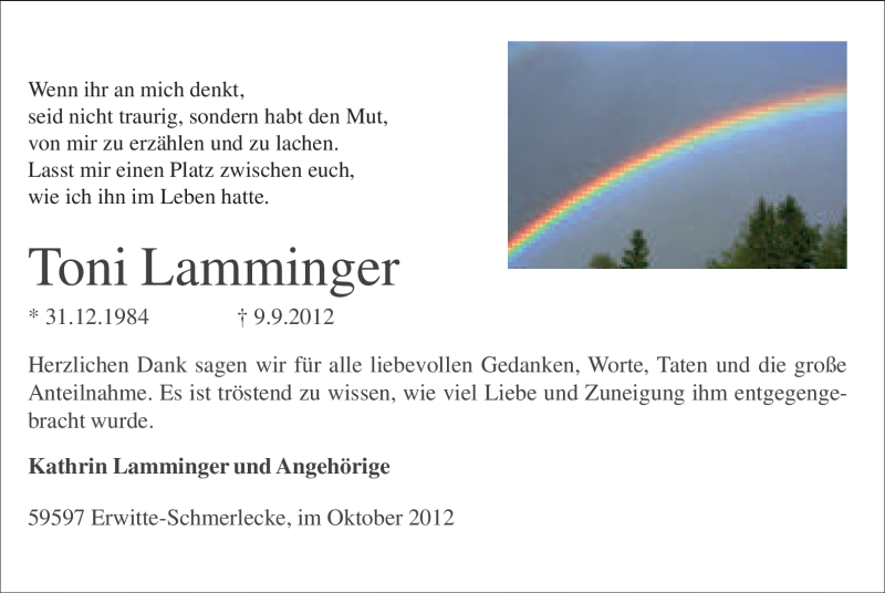  Traueranzeige für Toni Lamminger vom 13.10.2012 aus MZV
