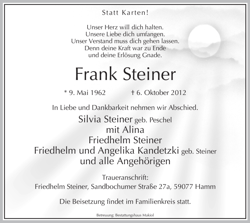  Traueranzeige für Frank Steiner vom 13.10.2012 aus MZV