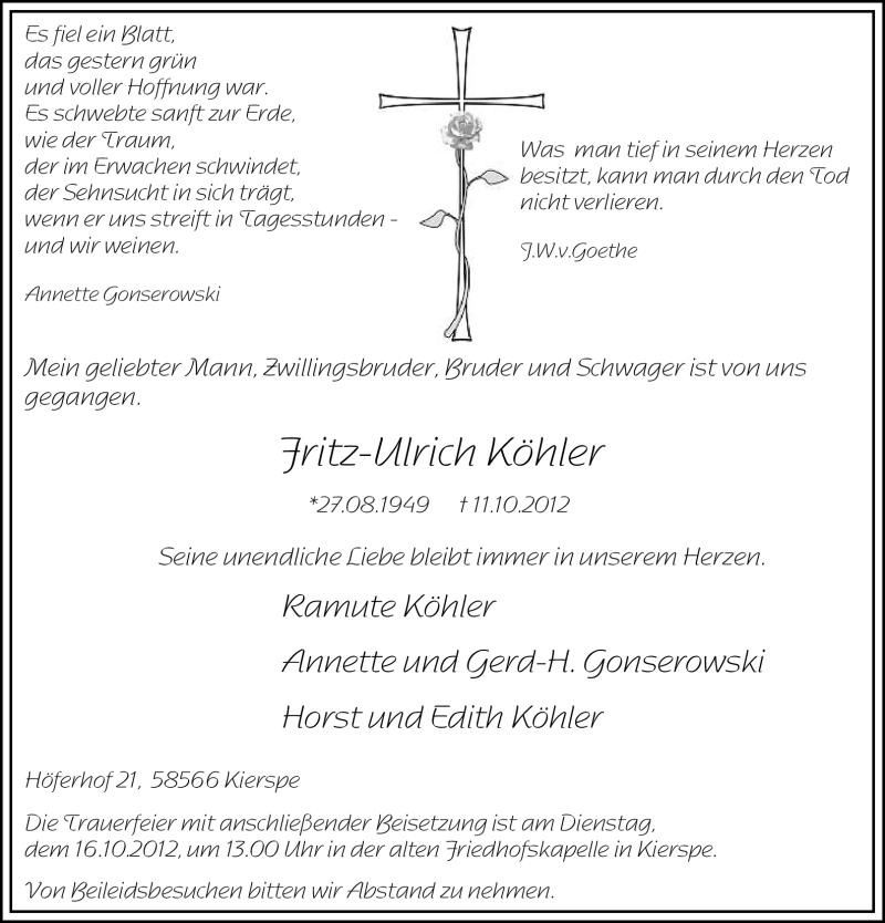  Traueranzeige für Fritz-Ulrich Köhler vom 13.10.2012 aus MZV