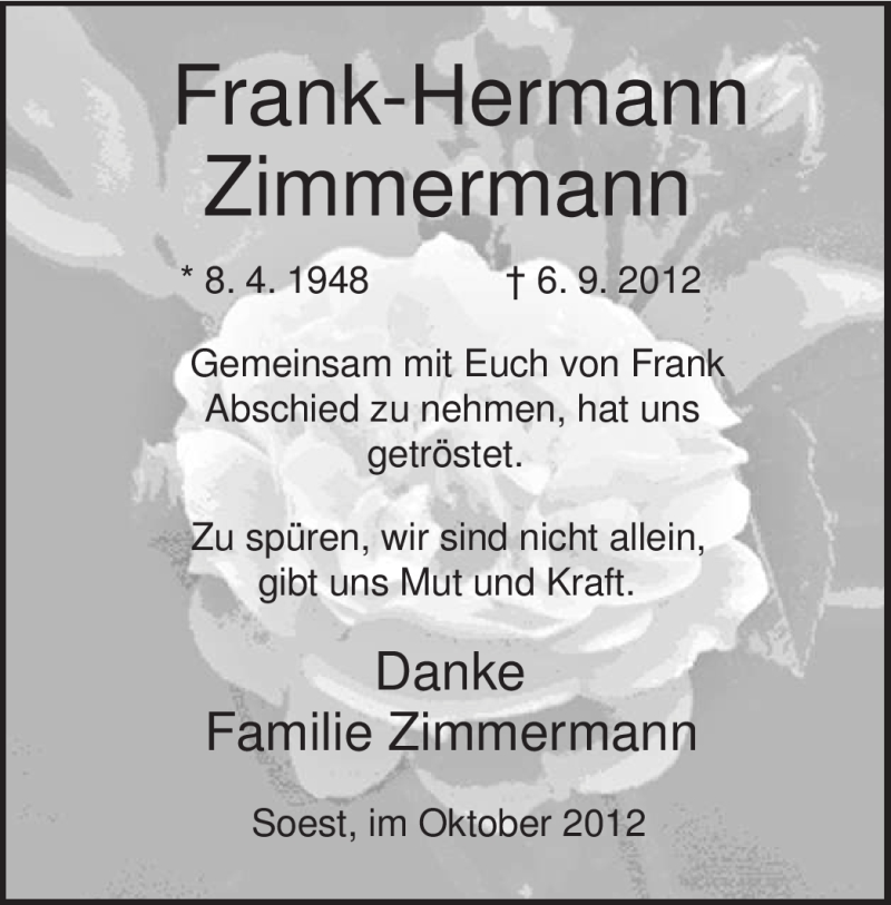  Traueranzeige für Frank-Hermann Zimmermann vom 20.10.2012 aus MZV