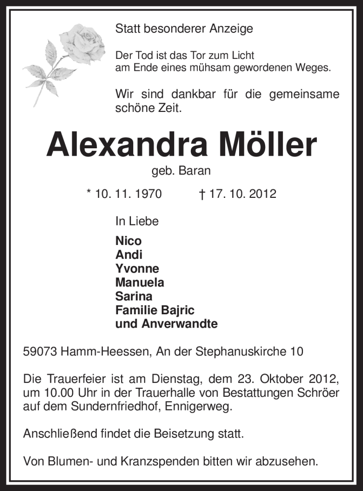  Traueranzeige für Alexandra Möller vom 20.10.2012 aus MZV