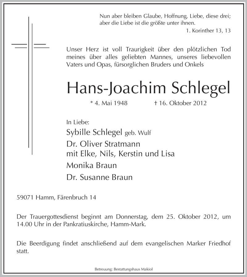  Traueranzeige für Hans-Joachim Schlegel vom 20.10.2012 aus MZV