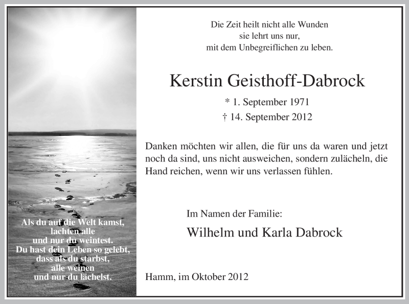  Traueranzeige für Kerstin Geisthoff-Dabrock vom 27.10.2012 aus MZV