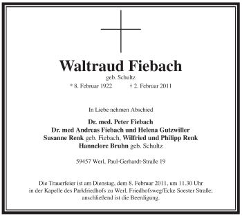 Traueranzeige von Waltraud Fiebach von WESTFÄLISCHER ANZEIGER