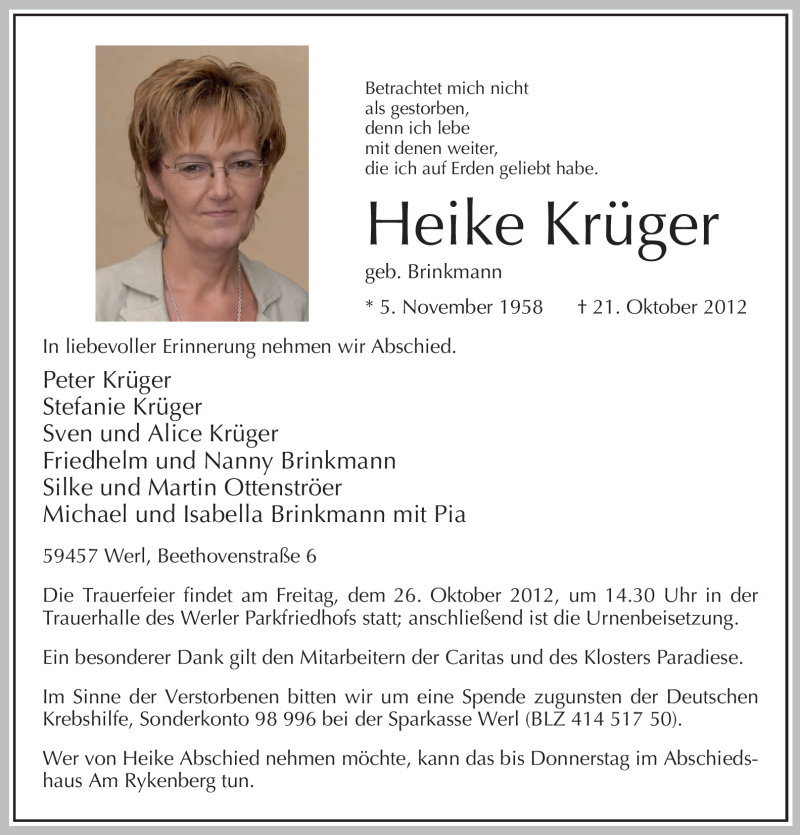  Traueranzeige für Heike Krüger vom 23.10.2012 aus MZV