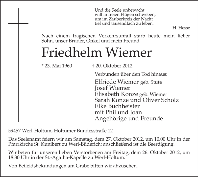  Traueranzeige für Friedhelm Wiemer vom 24.10.2012 aus MZV