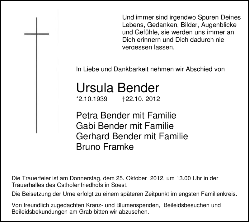 Traueranzeige für Ursula Bender vom 24.10.2012 aus MZV