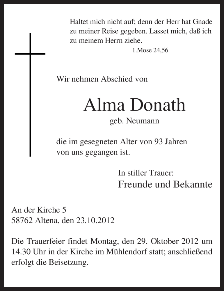  Traueranzeige für Alma Donath vom 25.10.2012 aus MZV