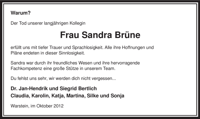 Traueranzeige für Sandra Brüne vom 27.10.2012 aus MZV