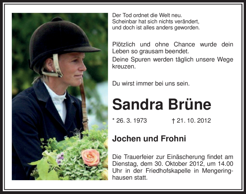  Traueranzeige für Sandra Brüne vom 27.10.2012 aus MZV