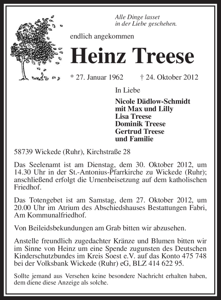  Traueranzeige für Heinz Treese vom 26.10.2012 aus MZV