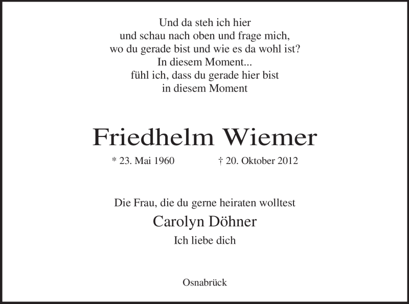  Traueranzeige für Friedhelm Wiemer vom 27.10.2012 aus MZV