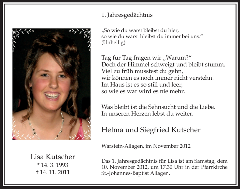  Traueranzeige für Lisa Kutscher vom 03.11.2012 aus MZV