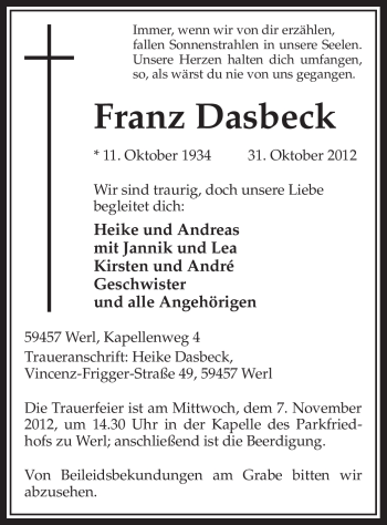 Traueranzeige von Franz Dasbeck von MZV