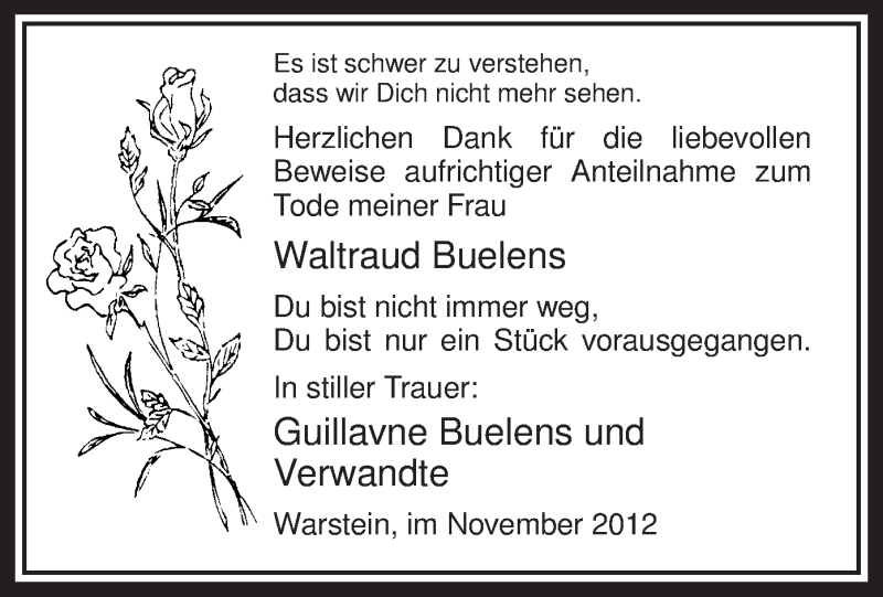  Traueranzeige für Waltraud Buelens vom 10.11.2012 aus MZV
