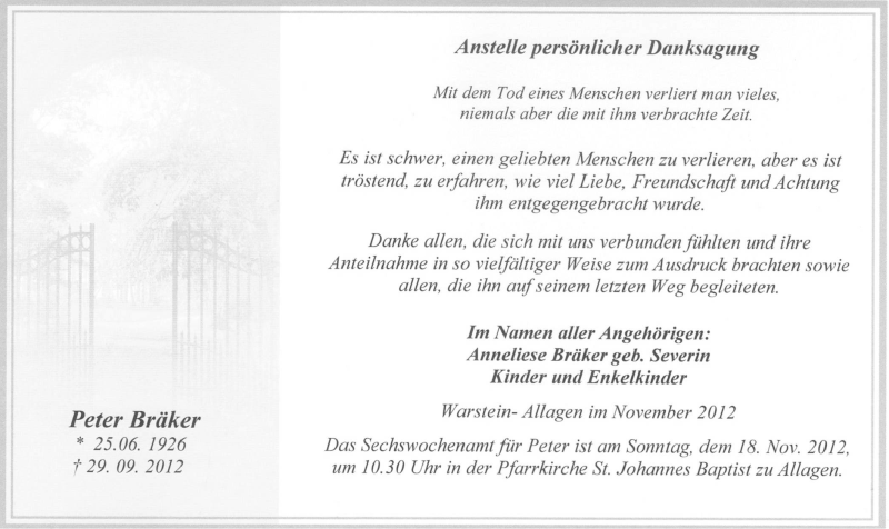  Traueranzeige für Peter Bräker vom 10.11.2012 aus MZV