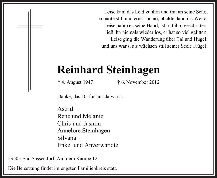  Traueranzeige für Reinhard Steinhagen vom 09.11.2012 aus MZV