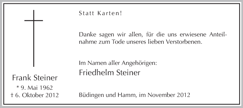  Traueranzeige für Frank Steiner vom 10.11.2012 aus MZV