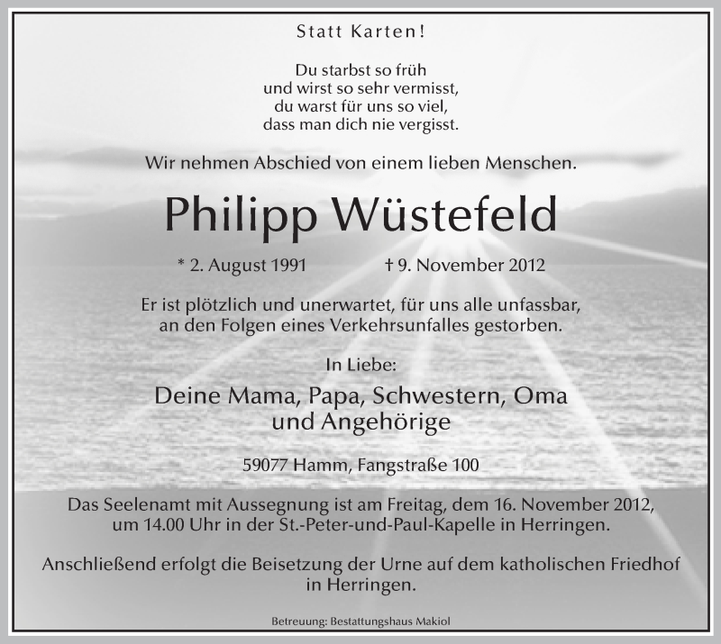  Traueranzeige für Philipp Wüstefeld vom 14.11.2012 aus MZV