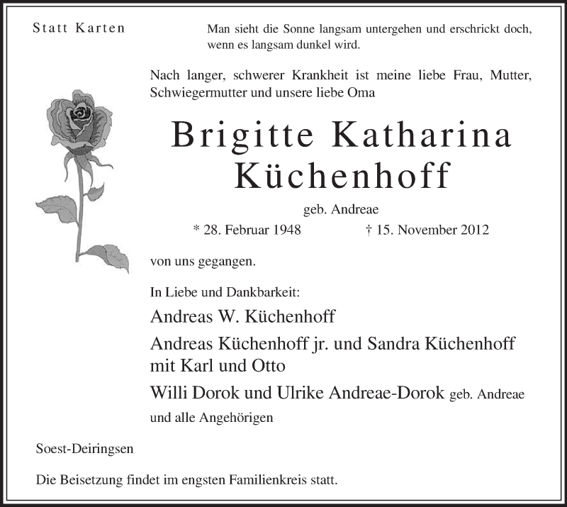  Traueranzeige für Brigitte Katharina Küchenhoff vom 17.11.2012 aus MZV