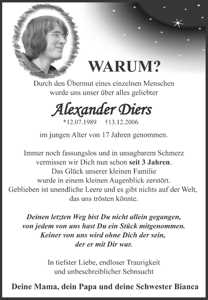 Traueranzeige für Alexander Diers vom 12.12.2009 aus WESTFÄLISCHER ANZEIGER