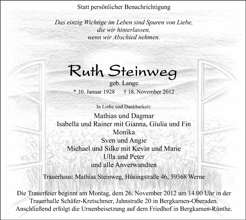  Traueranzeige für Ruth Steinweg vom 21.11.2012 aus MZV