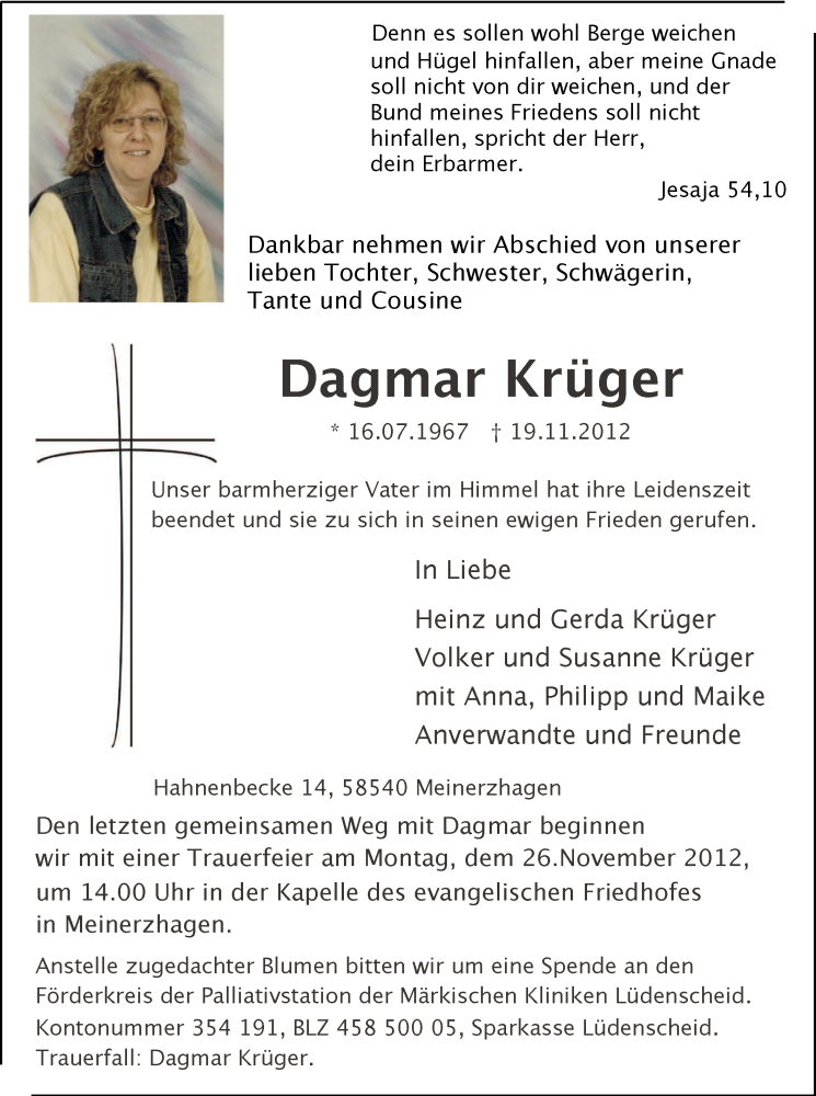  Traueranzeige für Dagmar Krüger vom 22.11.2012 aus MZV