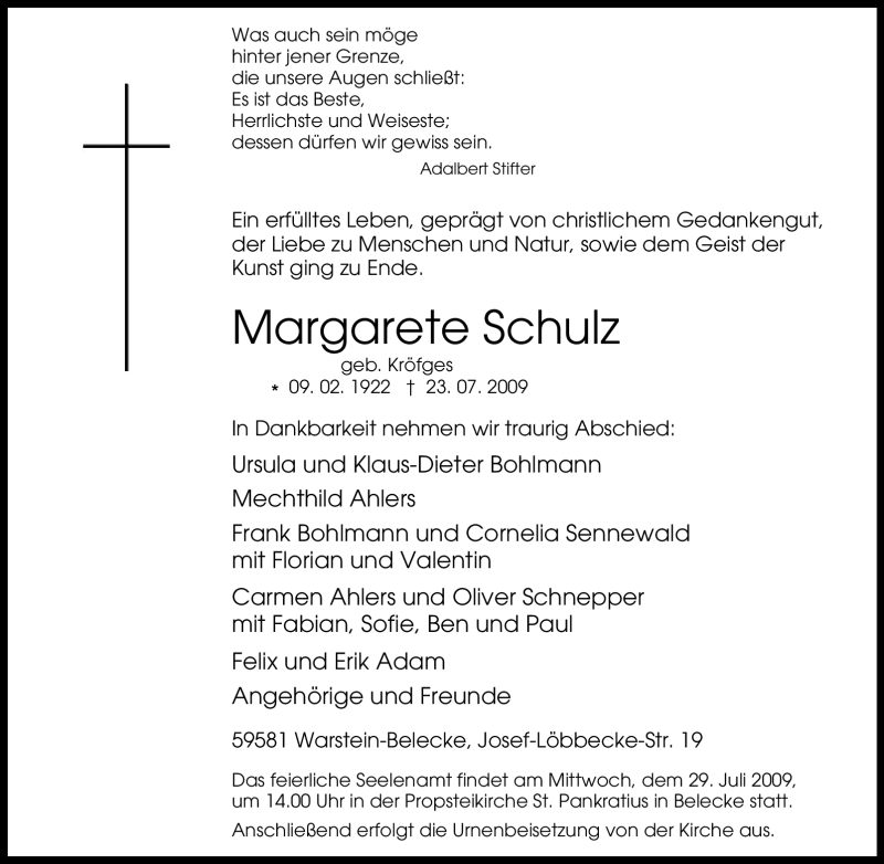  Traueranzeige für Margarete Schulz vom 27.07.2009 aus WESTFÄLISCHER ANZEIGER