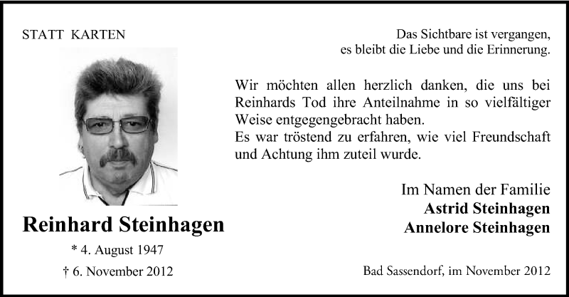  Traueranzeige für Reinhard Steinhagen vom 01.12.2012 aus MZV