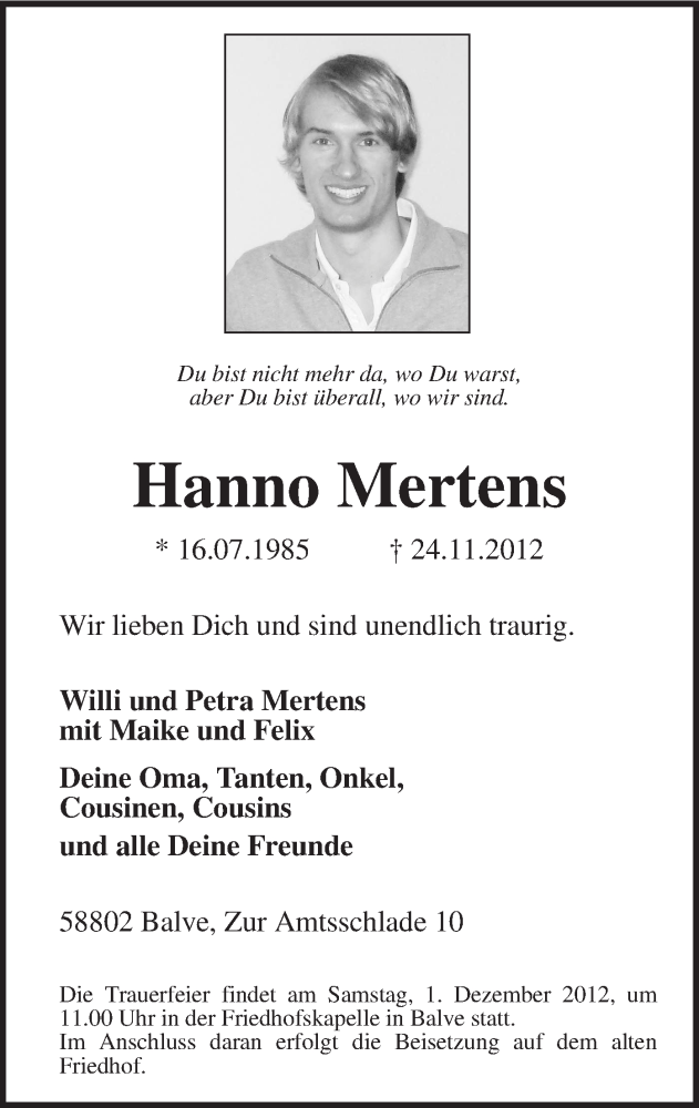  Traueranzeige für Hanno Mertens vom 29.11.2012 aus MZV