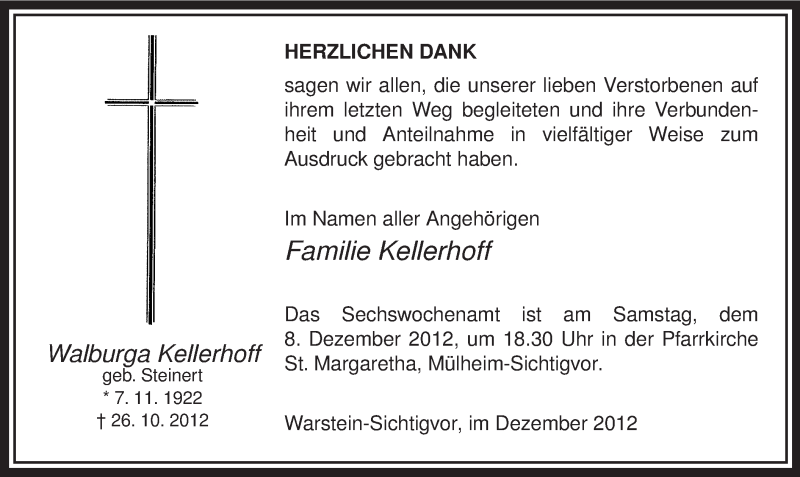  Traueranzeige für Walburga Kellerhoff vom 01.12.2012 aus MZV