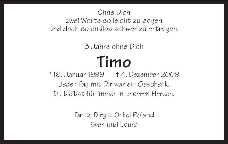  Traueranzeige für Timo  vom 04.12.2012 aus MZV