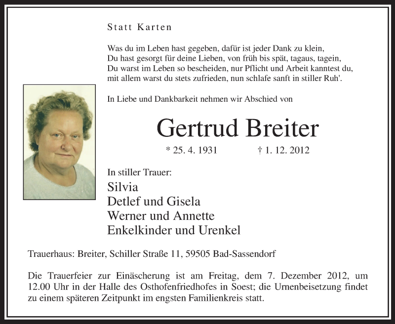  Traueranzeige für Gertrud Breiter vom 04.12.2012 aus MZV