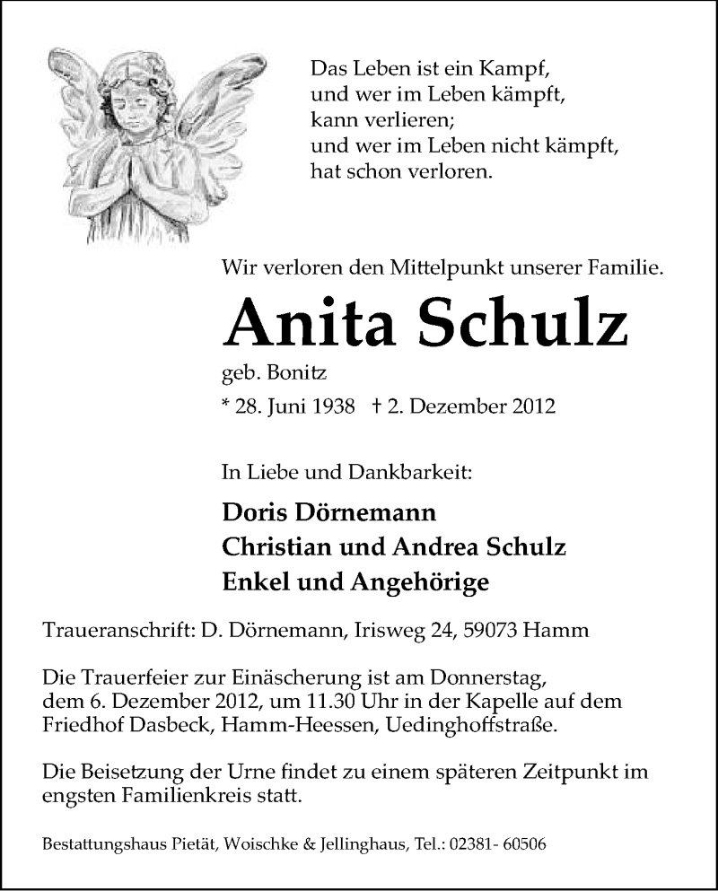 Traueranzeige für Anita Schulz vom 04.12.2012 aus MZV