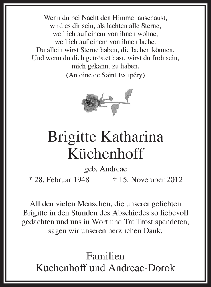  Traueranzeige für Brigitte Katharina Küchenhoff vom 08.12.2012 aus MZV