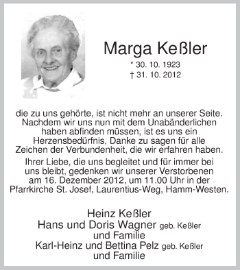 Traueranzeige von Marga Keßler von MZV