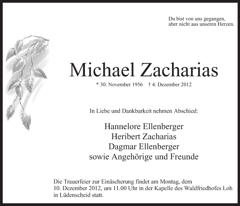  Traueranzeige für Michael Zacharias vom 08.12.2012 aus MZV