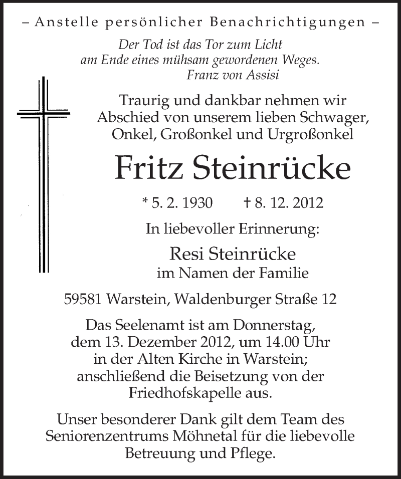  Traueranzeige für Fritz Steinrücke vom 11.12.2012 aus MZV