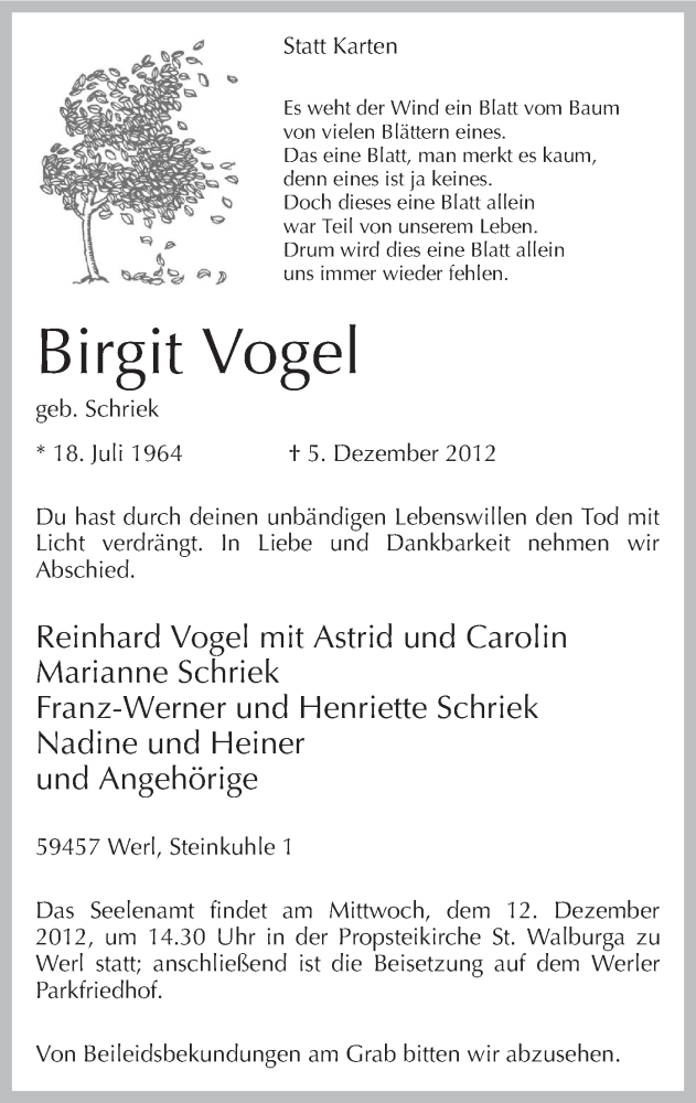  Traueranzeige für Birgit Vogel vom 11.12.2012 aus MZV