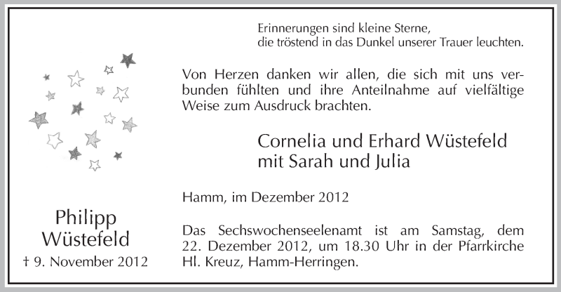  Traueranzeige für Philipp Wüstefeld vom 15.12.2012 aus MZV