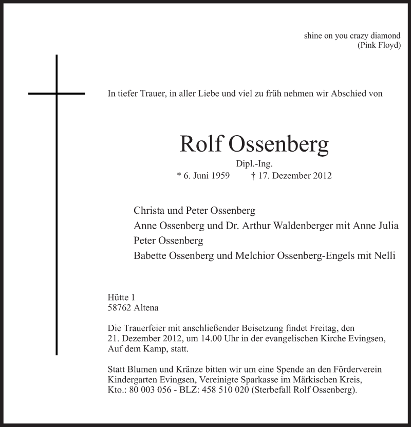  Traueranzeige für Rolf Ossenberg vom 19.12.2012 aus MZV